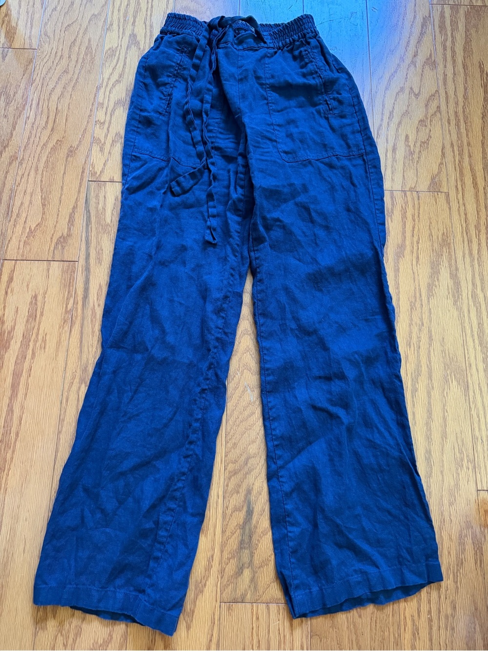 Zara Women's Navy Blue Drawstring Wide-Leg Linen Trousers Small S